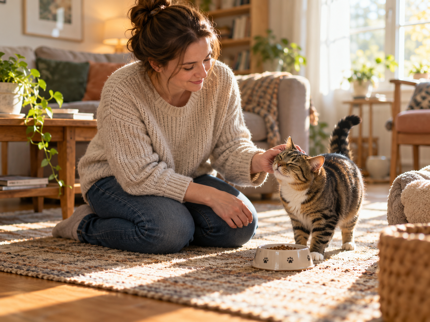 A carer kneels on a rug in a sunny living room, gently stroking a contented tabby cat beside its food bowl.