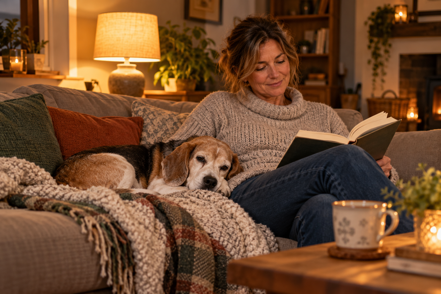 An older beagle dozes under a knitted blanket on a sofa beside a carer reading a book in a warm, lamplit living room.