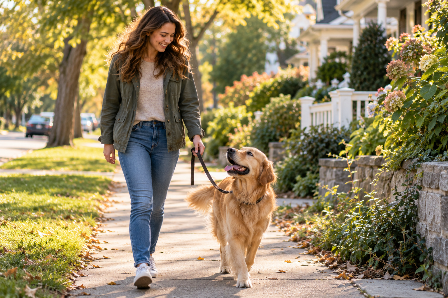 A smiling carer walks a happy golden retriever on a leash along a leafy, sunlit neighborhood sidewalk, the dog looking up at her with its tongue out.